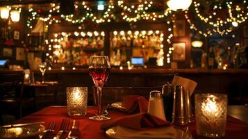 knus kaarslicht avondeten Bij intiem upscale restaurant uitstralend warm sfeer en feestelijk charme voor gedenkwaardig dining ervaring foto