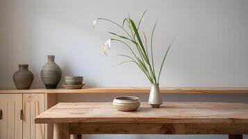 houten tafel met keramisch vaas en bloemen arrangement in minimalistische leven ruimte foto