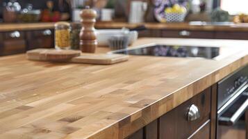 knus en rustiek houten keuken teller met Koken gereedschap en ingrediënten foto