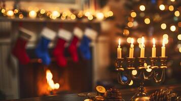 knus haard met Kerstmis decor en fonkelend lichten verhelderend de feestelijk atmosfeer foto