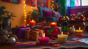 knus en feestelijk vakantie huis decor met kaarsen, lichtjes, en Kerstmis cadeaus kunstzinnig geregeld Aan een tafelblad foto