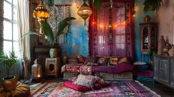 levendig bohemien-geïnspireerd interieur met eclectisch meubels en decor voor een knus, meeslepend atmosfeer foto