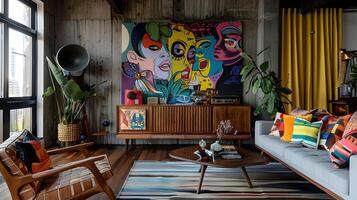 levendig retro muurschildering siert knus modern leven kamer met eclectisch meubels en decor foto