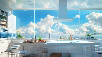 ruim en helder modern keuken met panoramisch lucht visie foto
