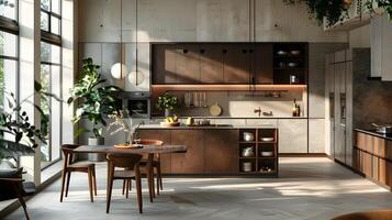 warm en uitnodigend modern keuken met houten accenten en natuurlijk verlichting voor comfortabel dining en leven foto