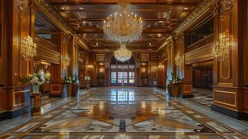 verbijsterend weelderig groots hal van een luxueus paleis met ingewikkeld bouwkundig ontwerp en overdadig decor foto