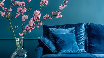 weelderig bloemen arrangement accentueren luxueus blauw fluweel sofa in elegant leven kamer instelling foto