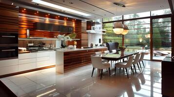 open concept keuken met strak huishoudelijke apparaten en elegant dining ruimte voor geavanceerde levensstijl foto