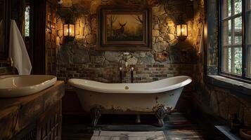 rustiek en elegant badkamer terugtrekken met klauwvoet kuip en gewei artwork in een knus cabine interieur foto