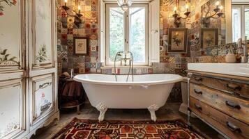 overladen en uitnodigend wijnoogst badkamer met klauwvoet badkuip, patroon tegel, en rustiek hout accenten foto
