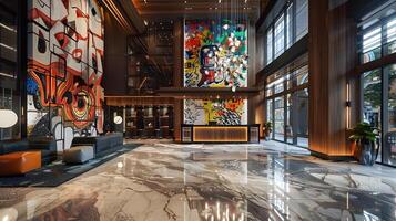 luxueus modern hotel lobby met levendig decor en elegant marmeren vloeren foto