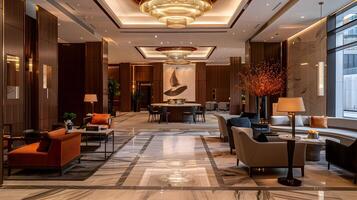 luxueus en verfijnd hotel lobby met elegant meubels, boeiend verlichting, en verbijsterend bouwkundig details foto