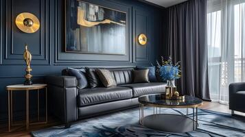 luxueus en geavanceerde leven kamer in hedendaags donker blauw decor met leer bank, metaal accenten, en muur decor foto