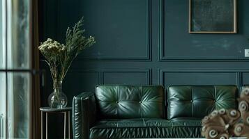 elegant groen leer sofa in knus hedendaags leven ruimte met bloemen vaas en muur kunst foto