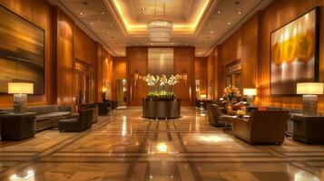 voortreffelijk luxe hotel lobby met weelderig meubels, verbijsterend kroonluchters, en elegant marmeren vloeren foto