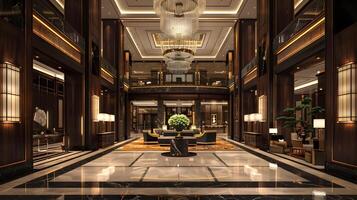 overdadig en weelderig luxe hotel lobby met grandioos kroonluchter, marmeren vloeren, en elegant meubels foto