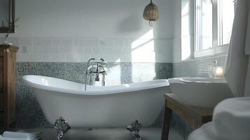 elegant klauw-voet bad in sereen mozaïek betegeld badkamer met wijnoogst decor en natuurlijk verlichting foto
