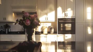 elegant en knus keuken interieur met bloemen regelingen foto