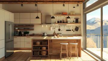 knus en rustiek berg cabine keuken met adembenemend panoramisch visie foto