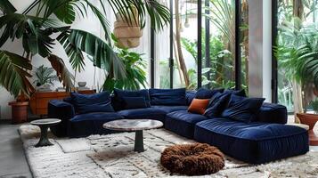 knus en weelderig binnen- leven kamer met pluche sofa en tropisch fabriek decor in elegant hedendaags huis heiligdom foto