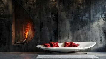 knus en minimalistische leven kamer met dramatisch haard verlichting foto