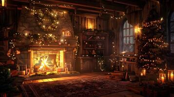 knus en feestelijk Kerstmis tafereel met haard, versierd boom, en warm verlichting in een rustiek cabine interieur foto