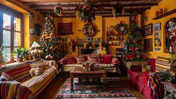 knus en feestelijk kerstthema leven kamer met decoratief elementen foto