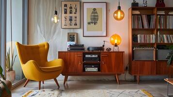 knus retro-geïnspireerd leven kamer met eclectisch meubels en media vermaak opstelling foto