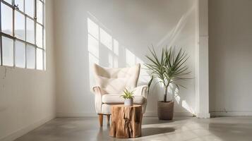 comfortabel en modern leven kamer met knus fauteuil en weelderig kamerplanten in helder, minimalistische interieur foto
