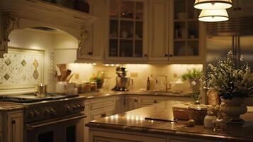 elegant en knus huis keuken met warm verlichting, rustiek decor, en gastvrij atmosfeer foto
