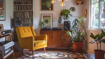 knus en samengesteld huis muziek- luisteren ruimte met wijnoogst decor en weelderig groen foto