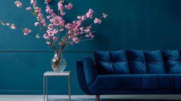 elegant en knus blauw fluweel sofa met levendig voorjaar bloemen arrangement in modern leven kamer interieur foto