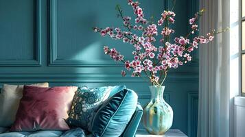 elegant en knus leven kamer met bloeiend bloemen arrangement foto