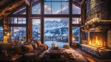 knus cabine genesteld in besneeuwd alpine wonderland met adembenemend berg vergezichten foto