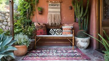 knus bohemien-geïnspireerd buitenshuis patio met rustiek meubels en weelderig groen foto