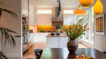helder en luchtig modern keuken met elegant dining ruimte en weelderig bloemen arrangement foto