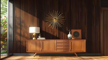 warm hout tonen en Midcentury-geïnspireerd meubels creëren een elegant en knus leven ruimte foto