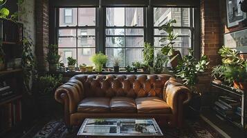 warm en gastvrij vintage-geïnspireerd zolder interieur met weelderig groen en knus meubels foto