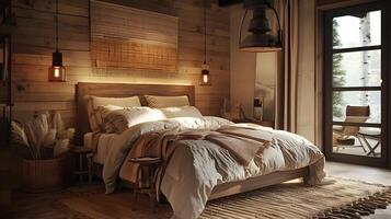 knus rustiek cabine slaapkamer met adembenemend berg landschap visie foto