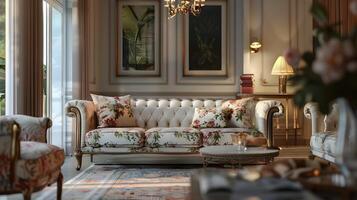 elegant en tijdloos bloemenpatroon leven kamer met luxueus meubels en decor accenten foto