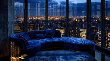 luxueus penthouse met uitzicht de oogverblindend stadsgezicht Bij nacht foto