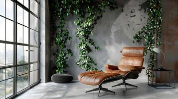 knus en geavanceerde industriële stijl leven kamer met weelderig groen en natuurlijk verlichting foto