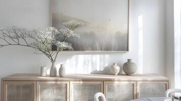 knus en verfijnd scandinavisch geïnspireerd interieur met delicaat bloemen arrangement en subtiel neutrale tonen foto