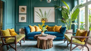 knus en elegant leven kamer met levendig kleur palet en weelderig groen foto