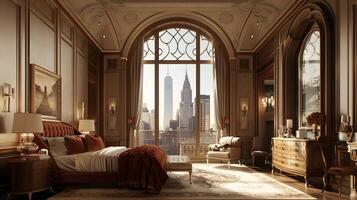 adembenemend luxe slaapkamer suite met uitzicht iconisch stad horizon foto