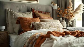 knus herfst geïnspireerd slaapkamer oase met getextureerde lagen en natuurlijk accenten foto