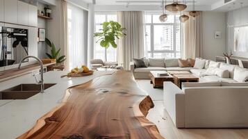 okkernoot hout plaat tafel in modern open concept leven kamer met marmeren accenten en warm verlichting foto