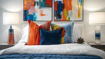 levendig abstract kunst slaapkamer decor met stoutmoedig kleurrijk kussens en zacht verlichting foto