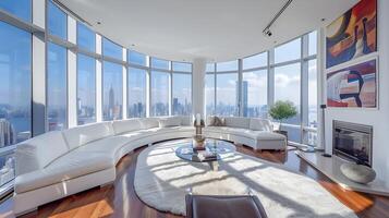 ruim modern leven kamer in nieuw york wolkenkrabber met verbijsterend stad keer bekeken en strak wit meubilair foto