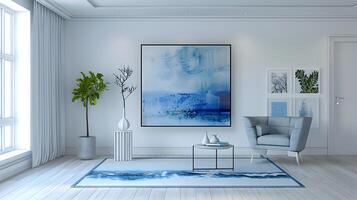 ruim modern leven kamer met blauw abstract kunst en minimalistische ontwerp elementen foto